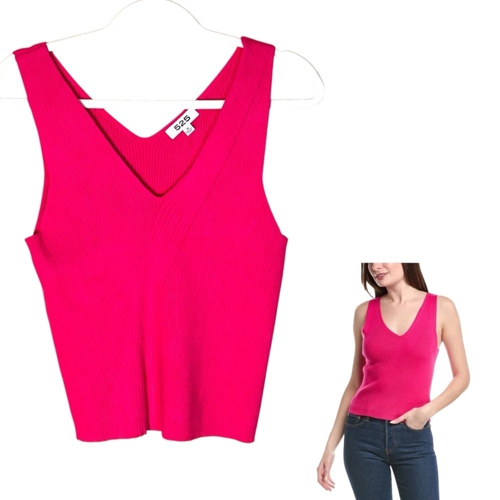 525 America Knit Tank Top Double V Sleeveless Ribbed Hot Pink Soft Rayon Nylon M